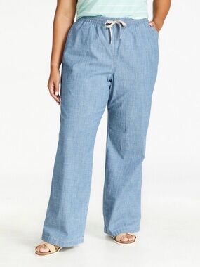 LL Bean Women’s Lakewashed Pull-On Chinos MidRise Wide Leg Chambray Favorite Fit